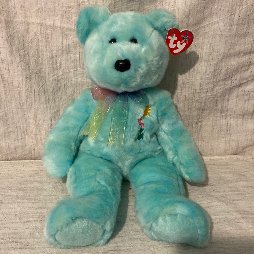 Ty Beanie Baby ARIEL 2000 Plush Blue Bear with Flowers and Sun on Chest